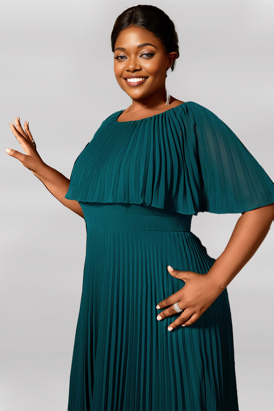 Curveins Plus Size Round Neck Short Cape Sleeve Elegant A-Line Maxi Dress