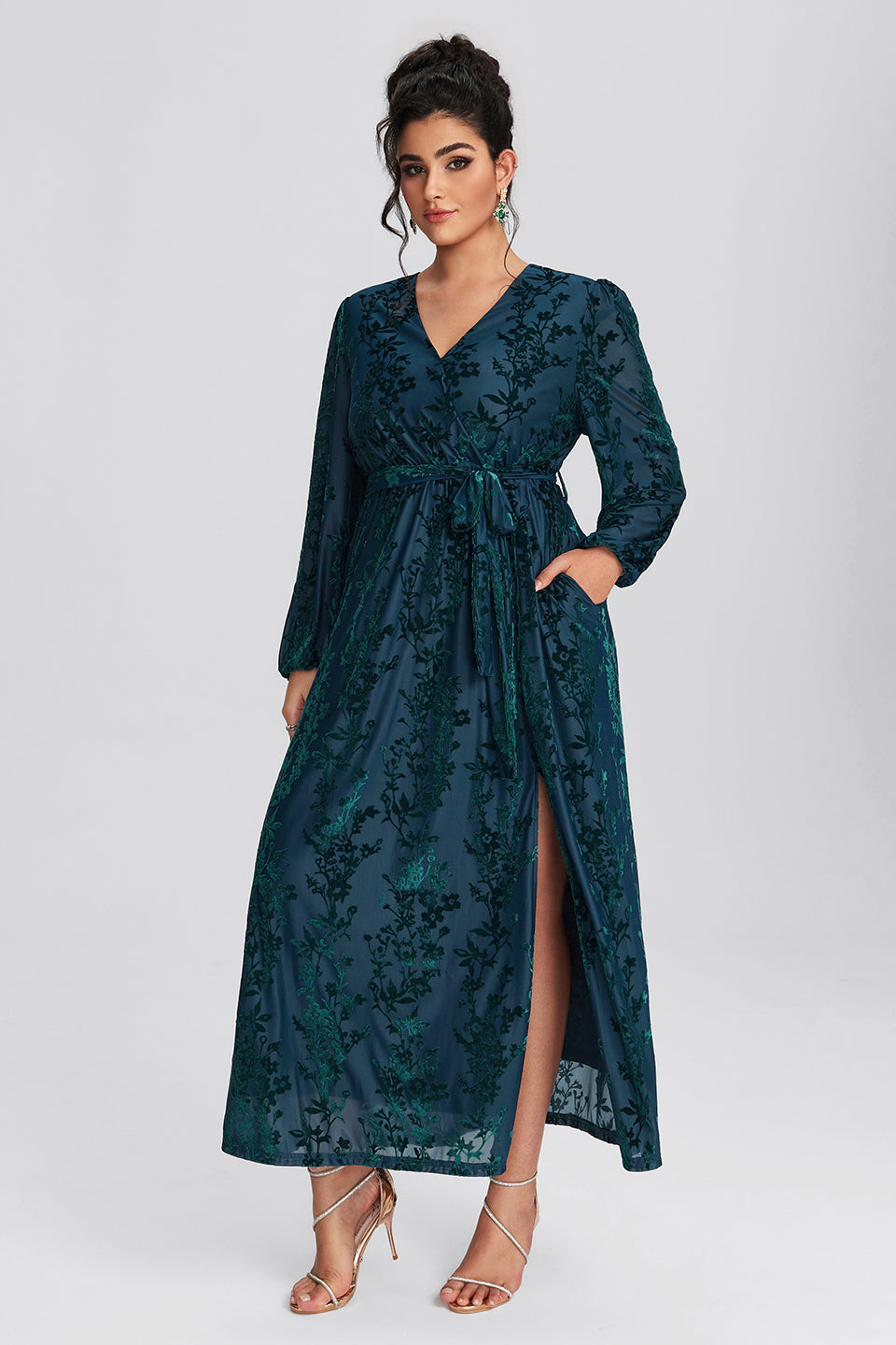 Curveins Plus Size Velvet Wrap Maxi Dress-Vintage Cocktail Style