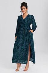 Curveins Plus Size Floral Print Belted Split Wrap Velvet Maxi Dress