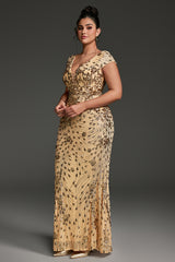 Curveins Plus Size One-Shoulder Side Slit and Waist Cinch Maxi Dress