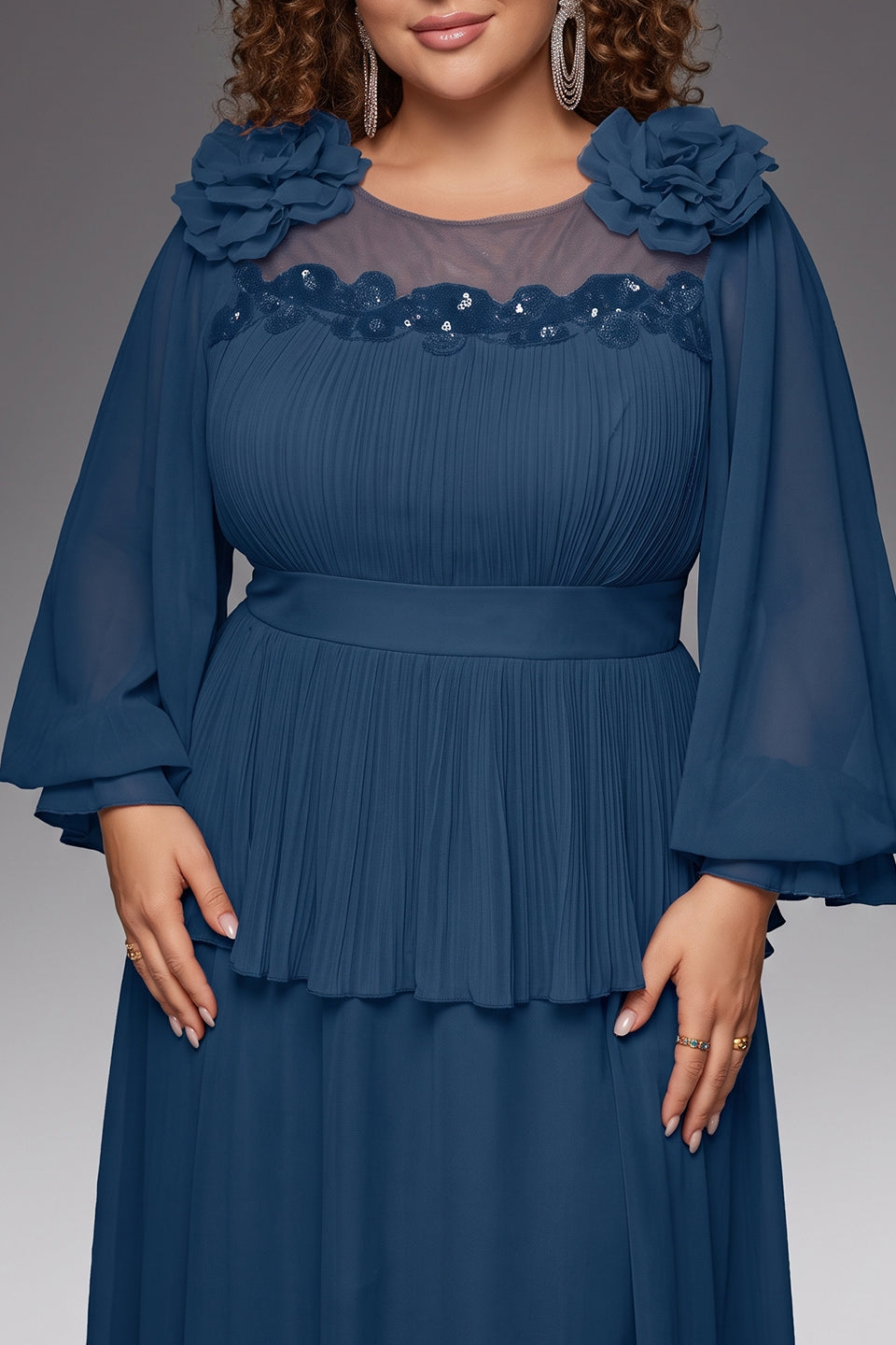 Curveins Plus Size Crew Neck Puff Sleeve Faux Two Piece Panelled Maxi Dress