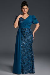 Curveins Plus Size V-Neck Sequin Patchwork Pattern Maxi Dress