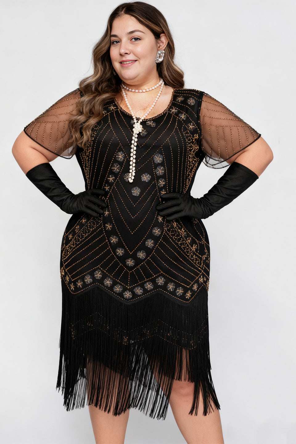 Curveins 1920s Black Stella Plus Size Sequin Fringe Flapper Gatsby Dress