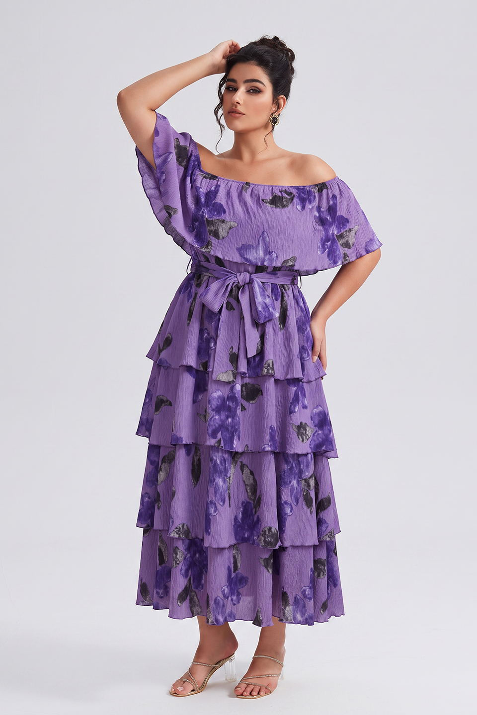 Curveins Plus Size Off-Shoulder Pleated Tiered Floral Maxi Dress