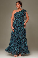 Curveins Plus Size Elegant Striped One Shoulder Cinched Waist Flowy Maxi Dress