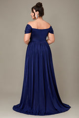 Curveins Plus Size Off Shoulder Wrinkle Detail Split Hem Flared Maxi Dress
