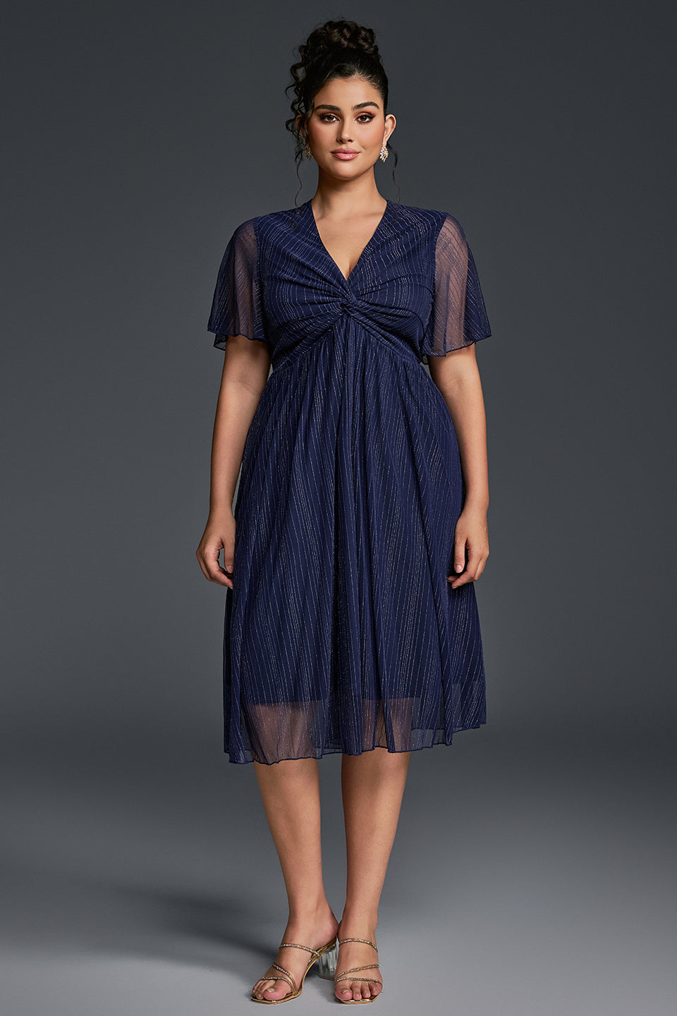 Curveins Plus Size V-Neck Batwing Sleeve Knot Waist Maxi Dress