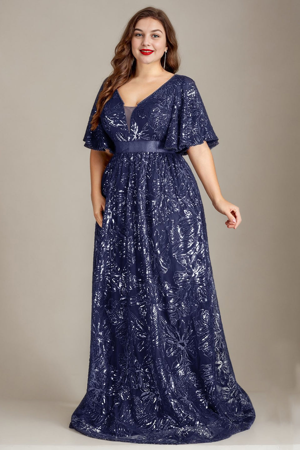 Curveins Plus Size Sparkly Floral V Neck Batwing Sleeve Gathered Waist Flowy Maxi Dress