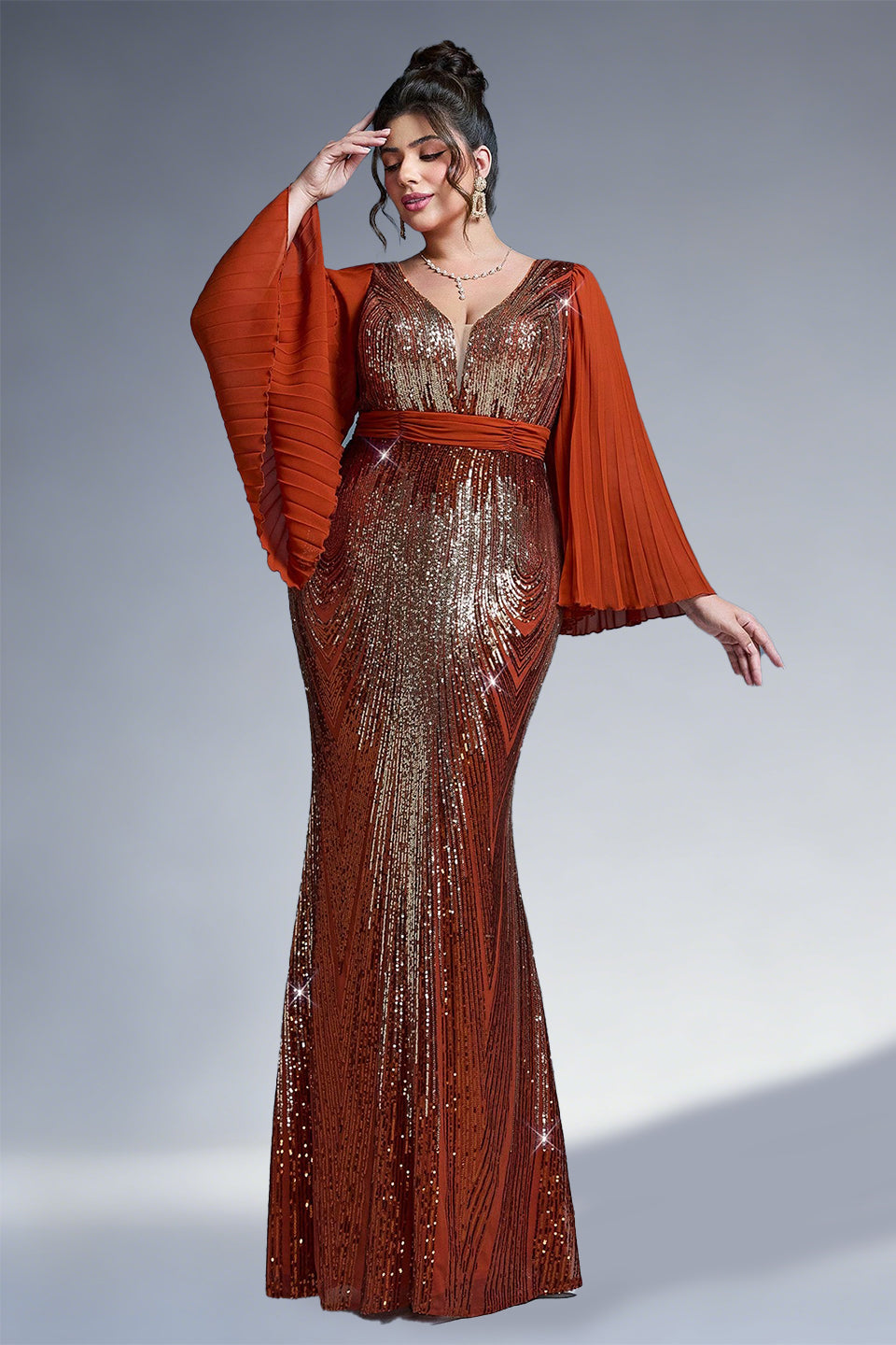 Curveins Plus Size Sparkling V-Neck Batwing Long-Sleeve Curve-Fit Maxi Dress