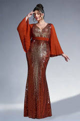 Curveins Plus Size Sparkling V-Neck Batwing Long-Sleeve Curve-Fit Maxi Dress