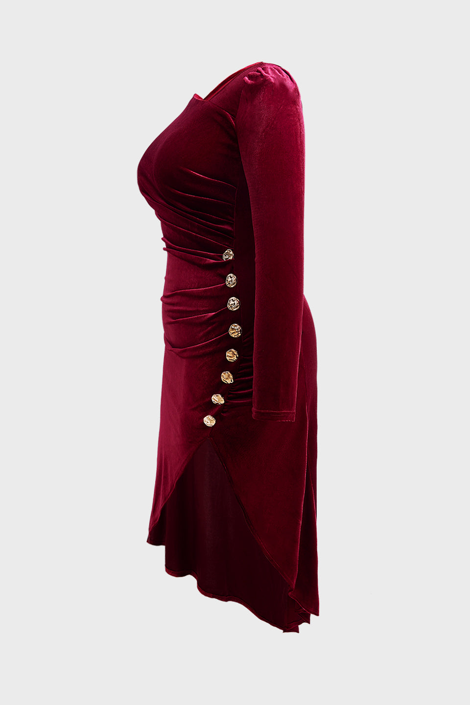 Curveins Plus Size Velvet Asymmetric One Shoulder Long Sleeve Ruched Slit Elegant Midi Dress