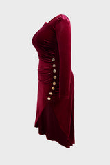 Curveins Plus Size Velvet Asymmetric One Shoulder Long Sleeve Ruched Slit Elegant Midi Dress