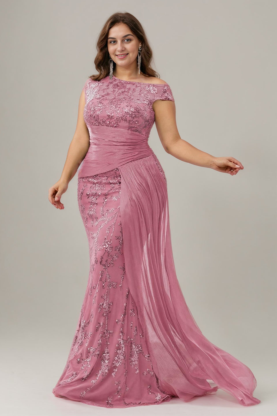 Curveins Plus Size One Shoulder Sleeveless Embroidered Sequin Patchwork Bodycon Maxi Dress