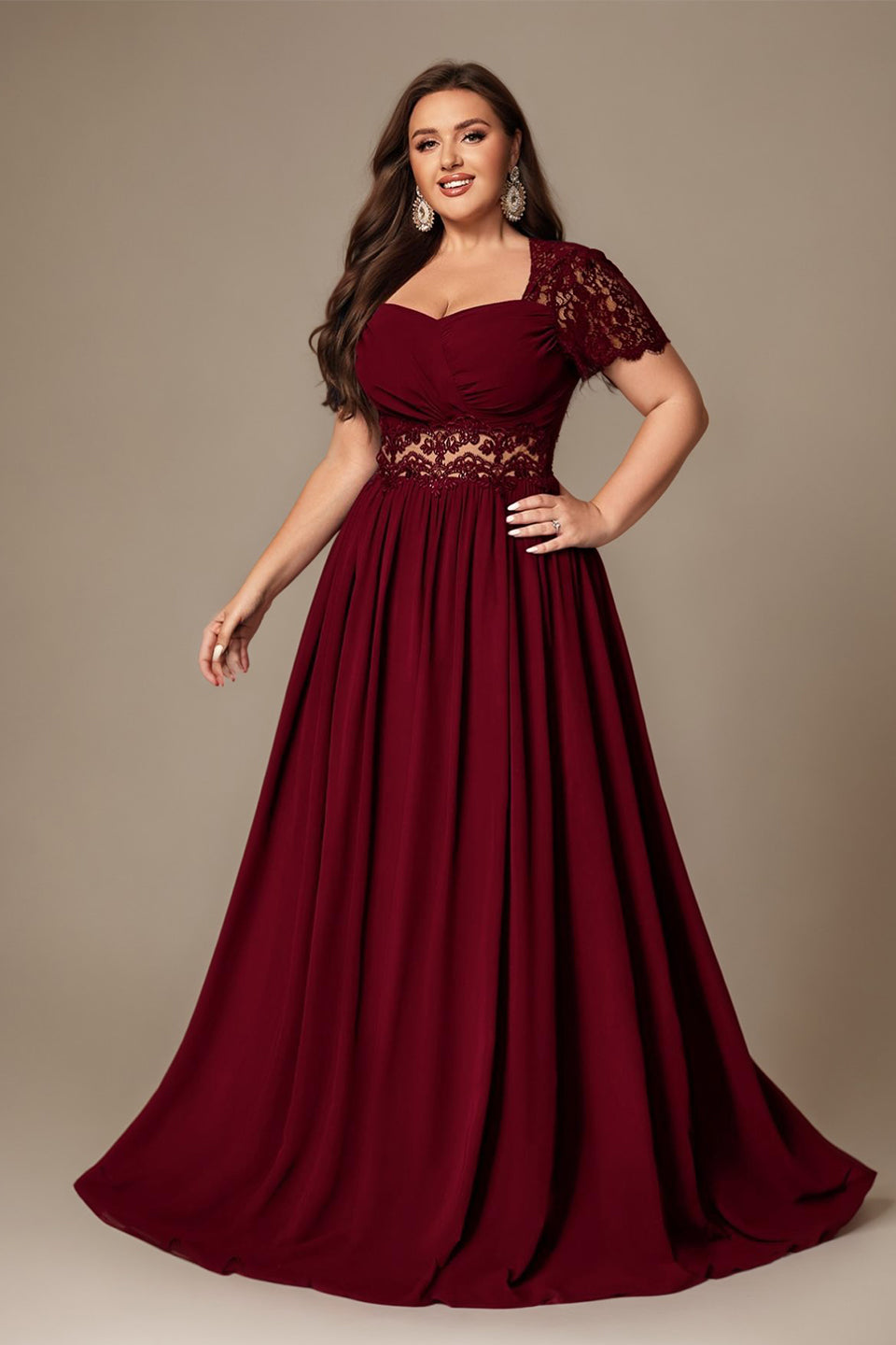 Curveins Plus Size Strapless Embroidered Short Sleeve Waist Cinch A-Line Maxi Dress