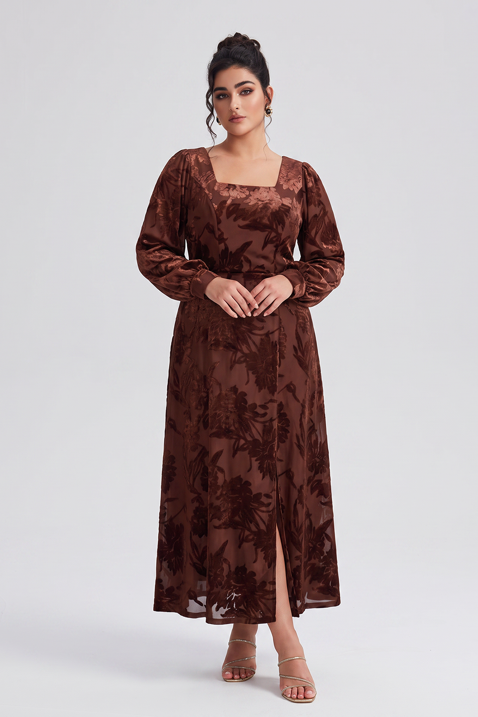 Curveins Plus Size Elegant Square Neck Long Sleeve Floral Print Velvet Split Maxi Dress