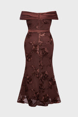 Curveins Plus Size Off Shoulder Floral Pattern Ruched Waist Bodycon Elegant Maxi Dress