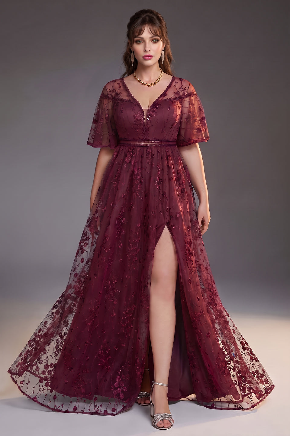 Curveins Plus Size V Neck Batwing Sleeve Floral Print Side Slit Flowy Maxi Dress