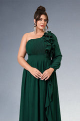 Curveins Plus Size Asymmetric One-Shoulder Ruffled Long Dress
