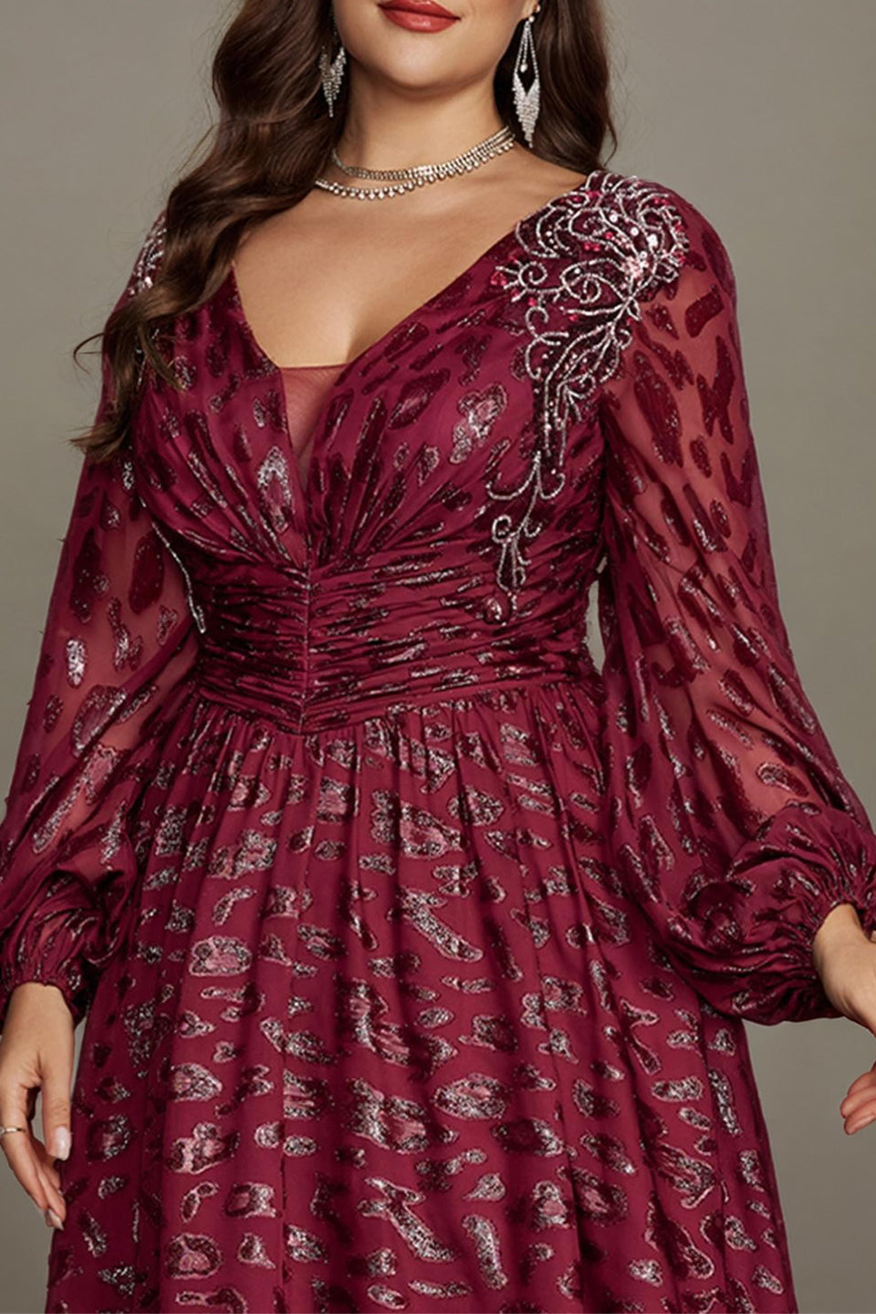 Curveins Chic Plus Size V-Neck Floral Pattern Lantern Sleeve Gown