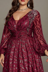 Curveins Chic Plus Size V-Neck Floral Pattern Lantern Sleeve Gown
