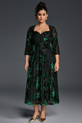 Curveins Plus Size V-Neck Three Quarter Sleeve Patterned Velvet Maxi Dress