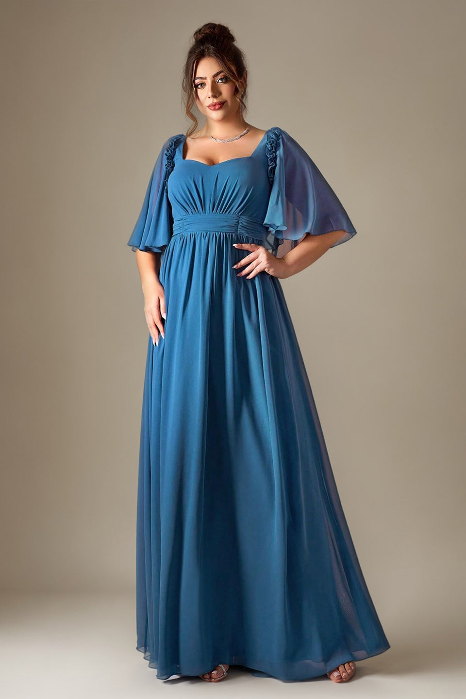 Curveins Plus Size Shoulder-Detail Batwing Sleeve Waist-Defined Elegant Maxi Dress