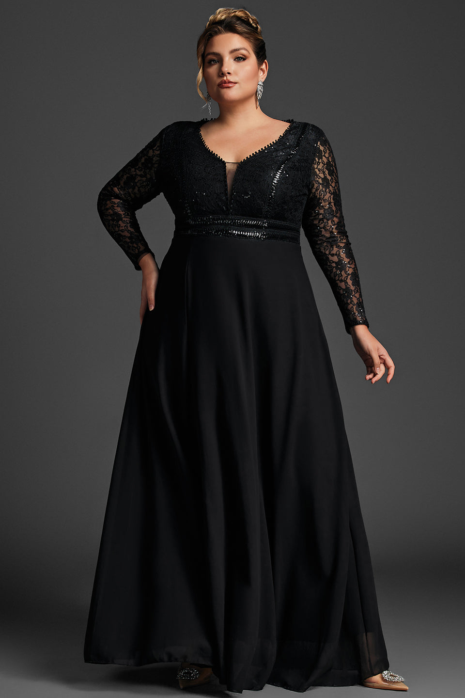 long black lace dress plus size Lace-Bodice La Femme Plus-Size Prom Dress
