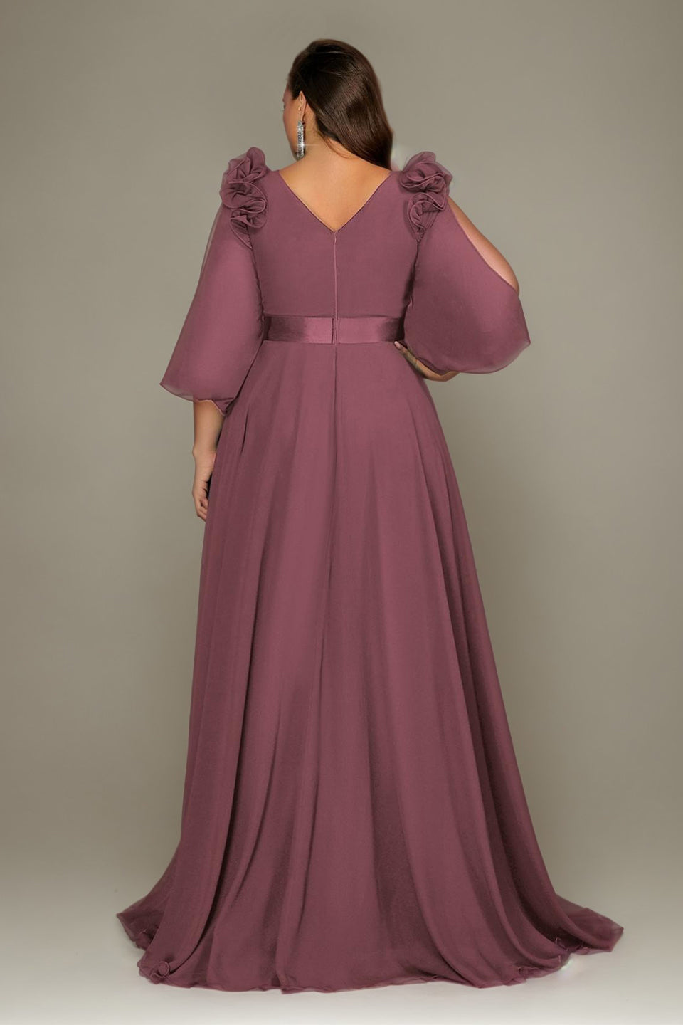 Curveins Plus Size Elegant V-Neck Batwing Sleeve Waist-Hugging Long Dress