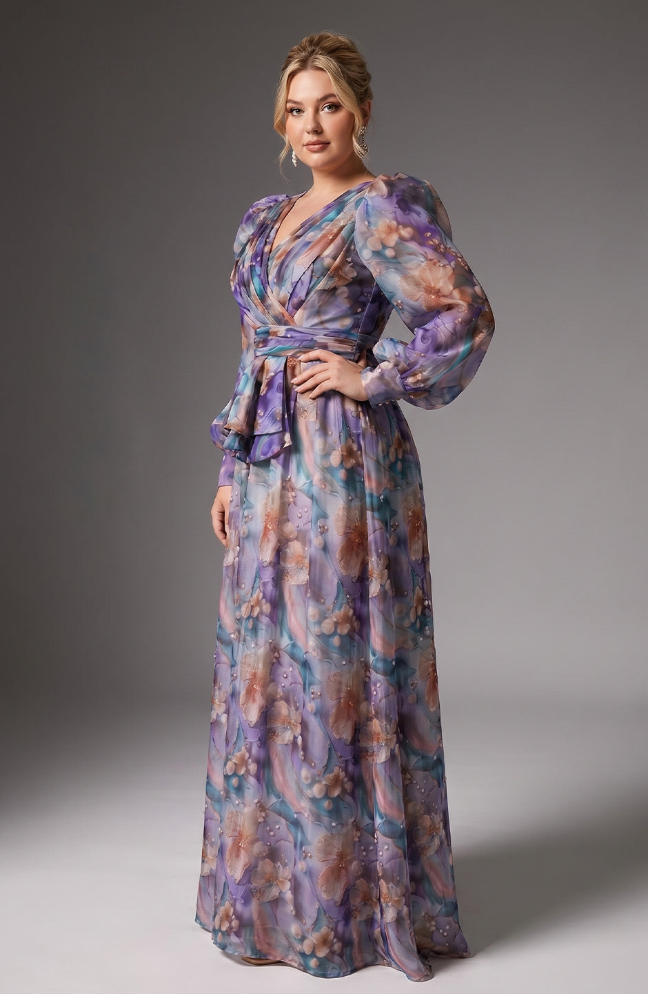 Curveins Plus Size V Neck Floral Long Sleeve Ruched Waist Elegant Maxi Dress