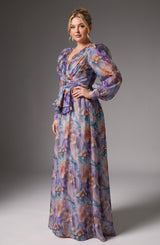 Curveins Plus Size V Neck Floral Long Sleeve Ruched Waist Elegant Maxi Dress