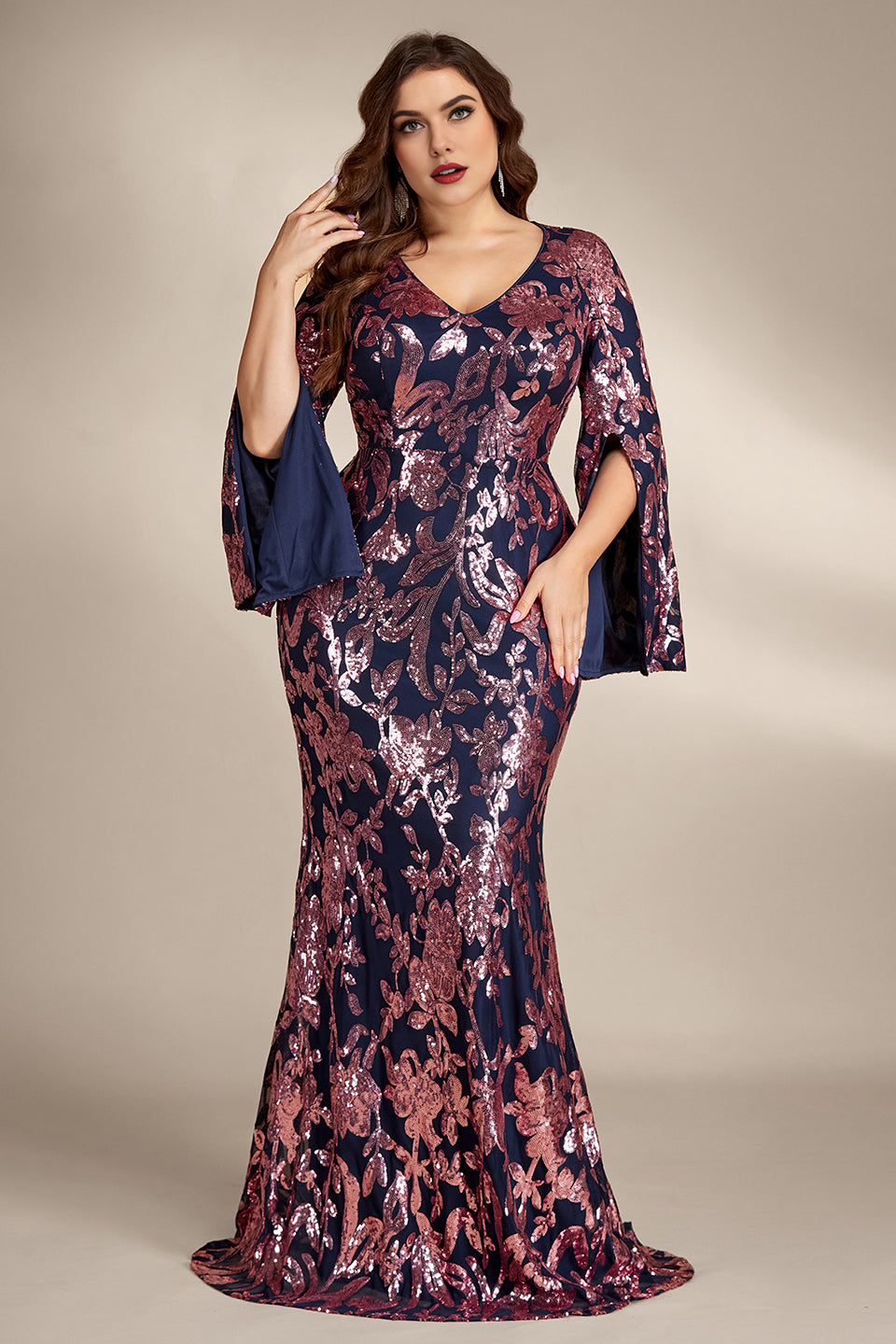 Curveins Plus Size Elegant V-Neck Sequin Bodycon Dress with Slit Sleeves