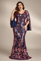 Curveins Plus Size Elegant V-Neck Sequin Bodycon Dress with Slit Sleeves