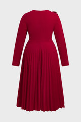 Curveins Plus Size Round-Neck Ruffled Long-Sleeve Elegant Pleated Maxi Dress
