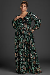 Curveins Plus Size V-Neck Sequin Lantern Sleeve Maxi Dress