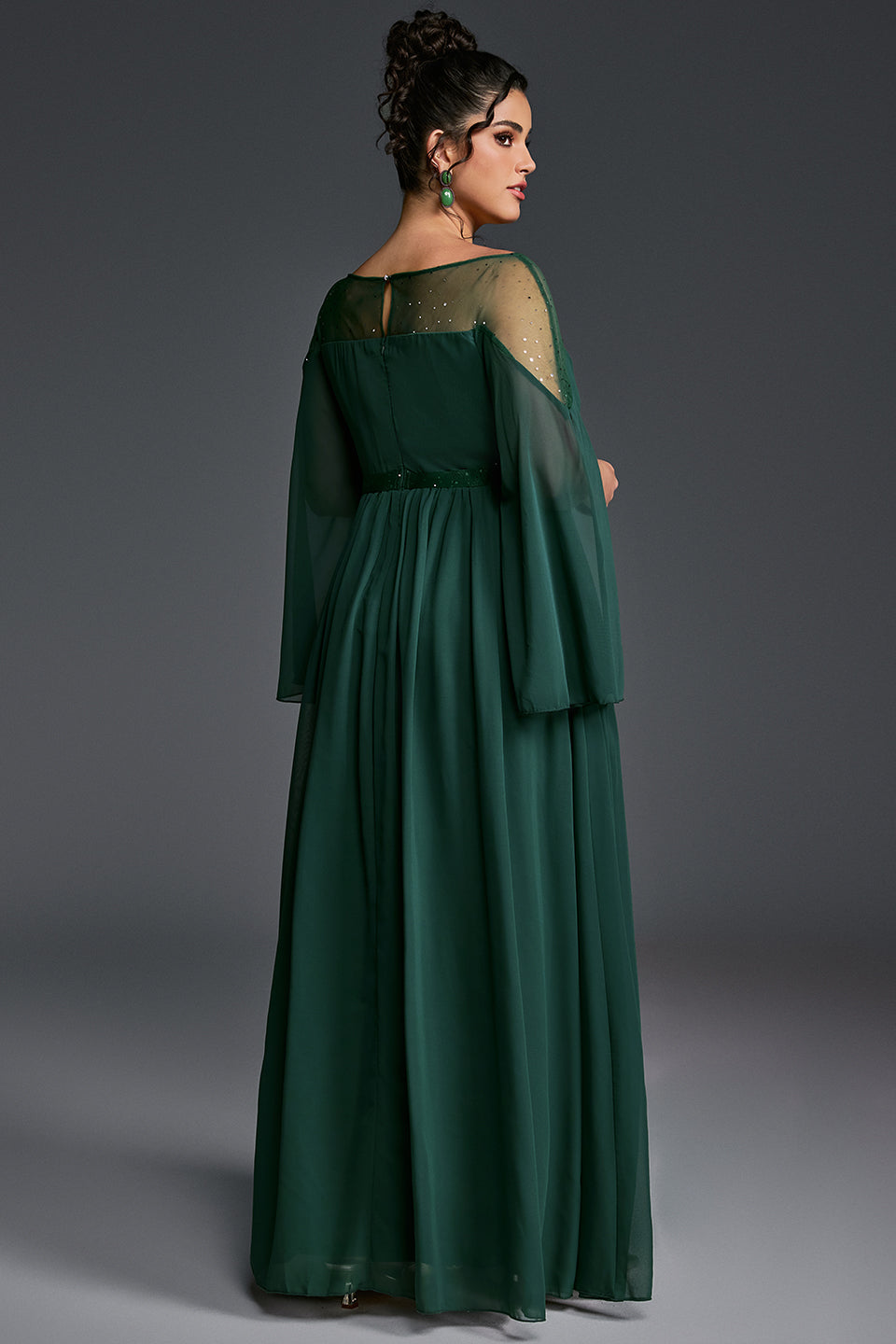 Curveins Plus Size Round Neck Long Sleeve Cinched Waist Maxi Dress