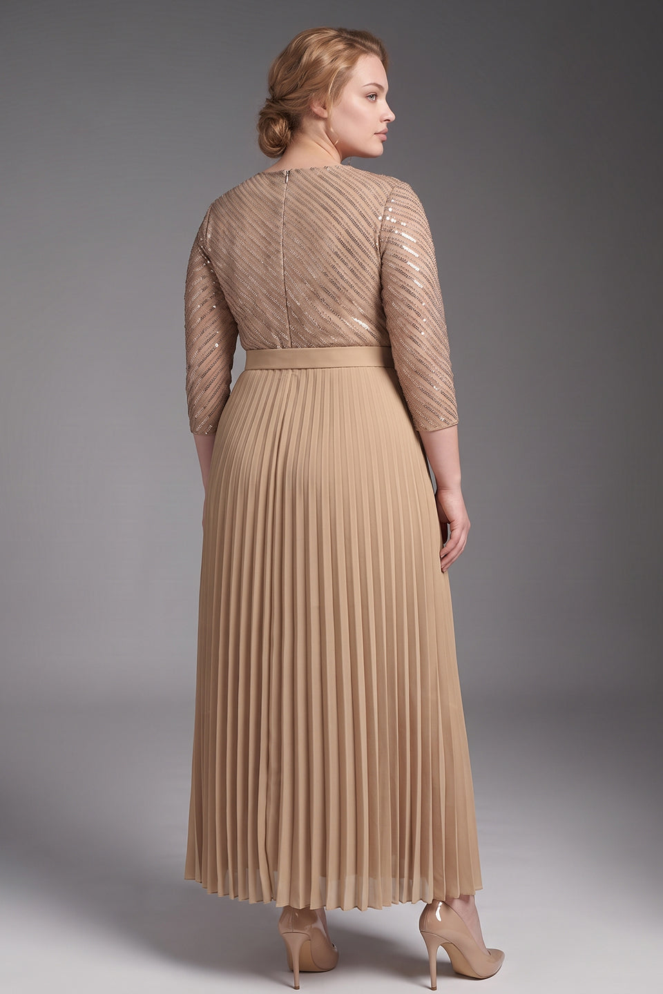 Curveins Plus Size Chic Round Neck Ruched Detail Long Sleeve Maxi Dress