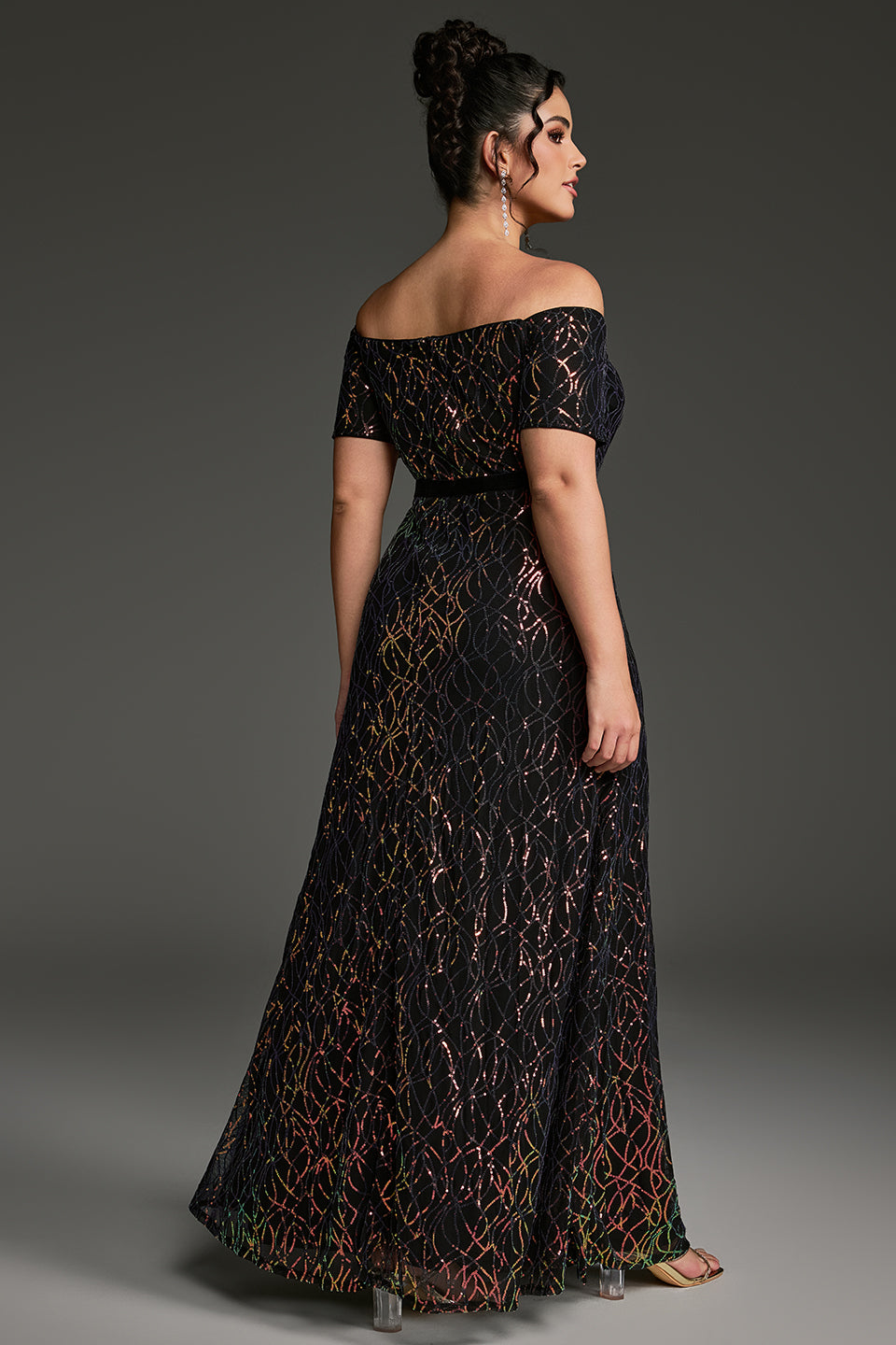 Curveins Plus Size Off-Shoulder Waist Cinched Striped Sequin Maxi Evening Dress