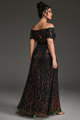 Curveins Plus Size Off-Shoulder Waist Cinched Striped Sequin Maxi Evening Dress