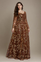 Curveins Plus Size Elegant V-Neck Sequin Floral Long-Sleeve Fitted Maxi Dress