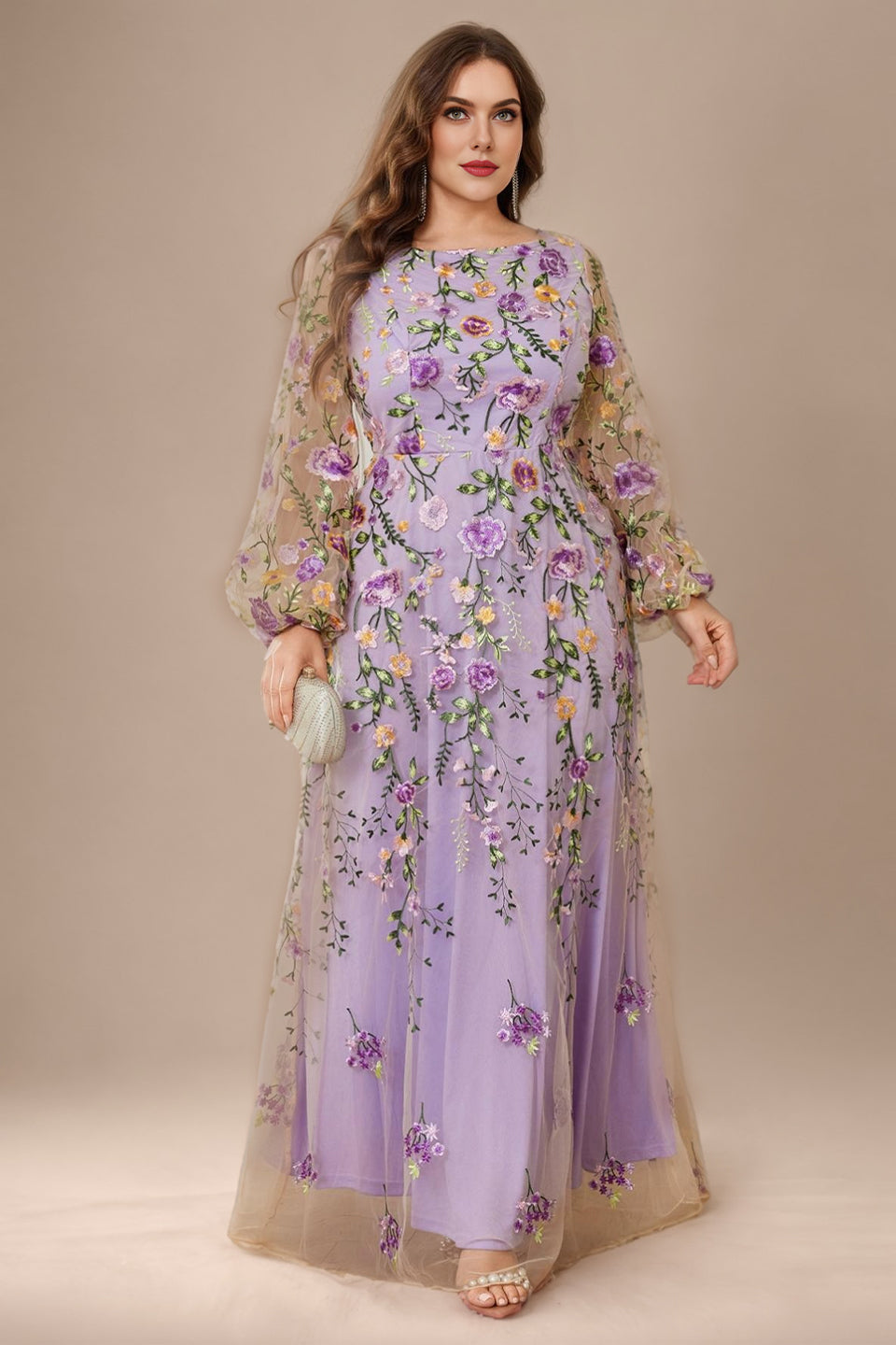 Curveins Plus Size Elegant Round Neck Long Sleeve Mesh Embroidery Maxi Dress