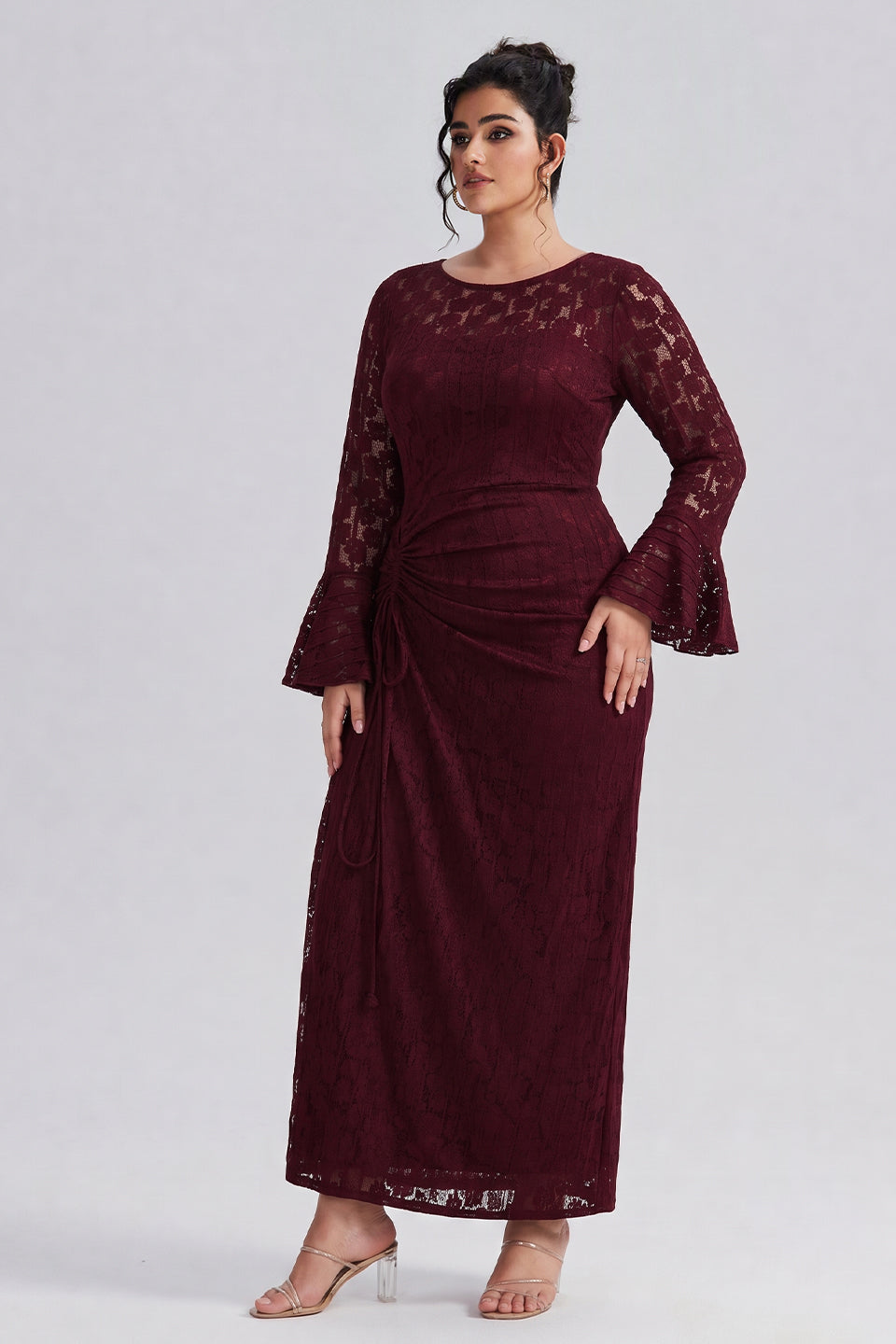 Curveins Plus Size Crew Neck Flared Long Sleeve Floral Bodycon Elegant Maxi Dress