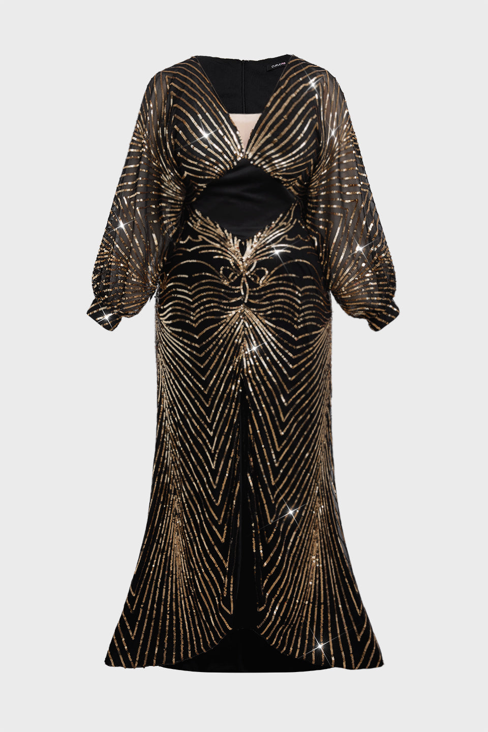 Curveins Plus Size Elegant V-Neck Sequin Lantern Sleeve Long Dress