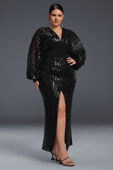 Curveins Plus Size V Neck Sequins Lantern Sleeve Slit Mesh Dress