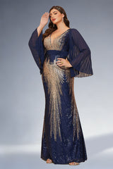 Curveins Plus Size Sparkling V-Neck Batwing Long-Sleeve Curve-Fit Maxi Dress