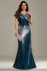 Curveins Plus Size Elegant V-Neck Cap Sleeve Sequin Bodycon Maxi Dress