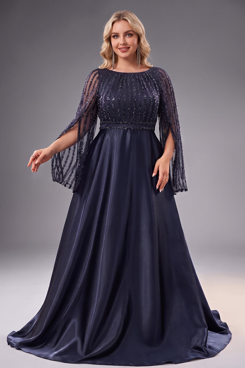 Curveins Plus Size Crew Neck Long Sleeve Sequin Panelled Elegant Evening Maxi Dress