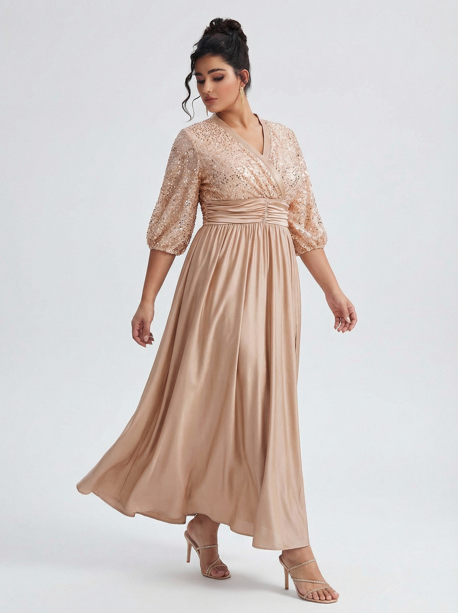 Curveins Plus Size Elegant V-Neck Sequin Panel Dress