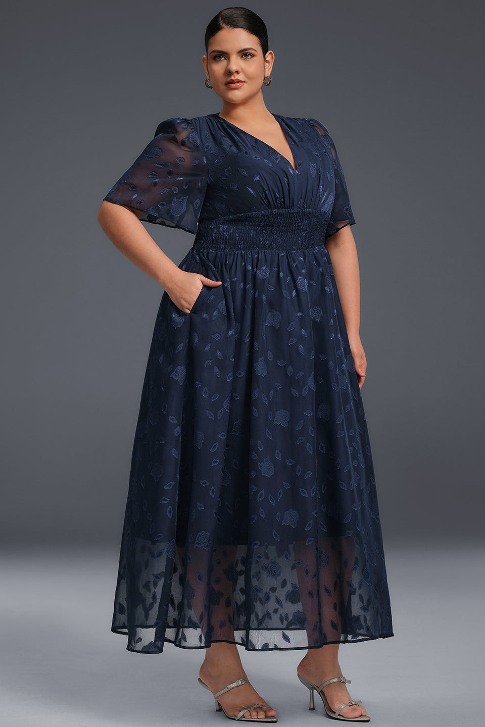 Curveins Plus Size V-Neck High-Waist Pleated Maxi Dress