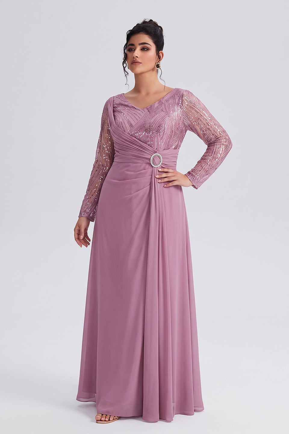 Curveins Plus Size V Neck Long Sleeve Sequin Cinched Waist Elegant Maxi Dress