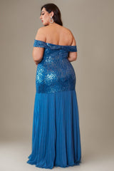 Curveins Plus Size Off-Shoulder Sequin Patchwork Maxi Dress with Side Slit